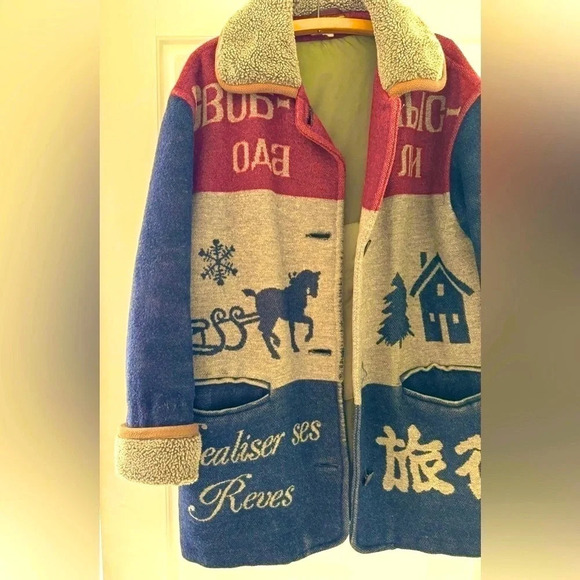 Vintage Rue Grenelle wool coat jacket print blue red cozy retro street boho 7/L - Picture 2 of 5
